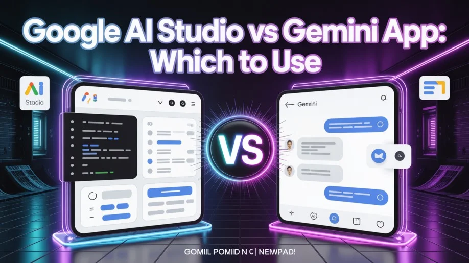 Side-by-side comparison of Google AI Studio developer interface and Gemini consumer app on a laptop screen