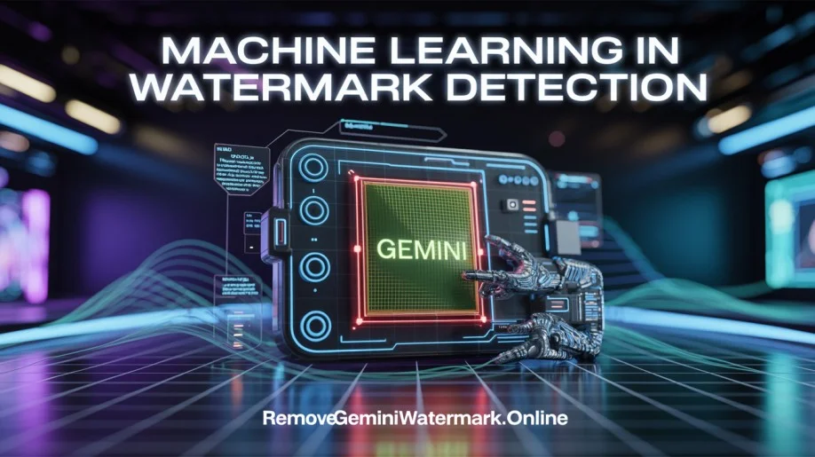 Neural network diagram illustrating machine learning watermark detection process on AI-generated images